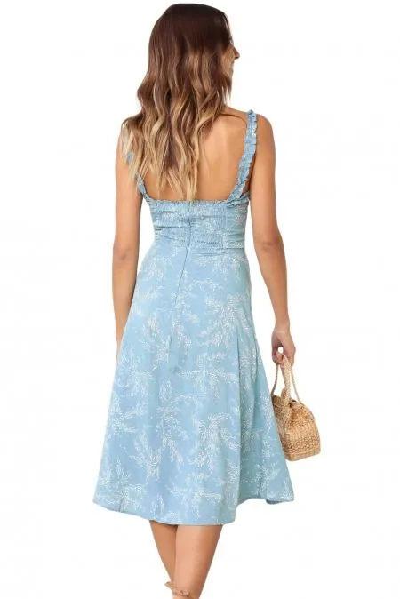 Sky Blue Botanical Print Summer Dress